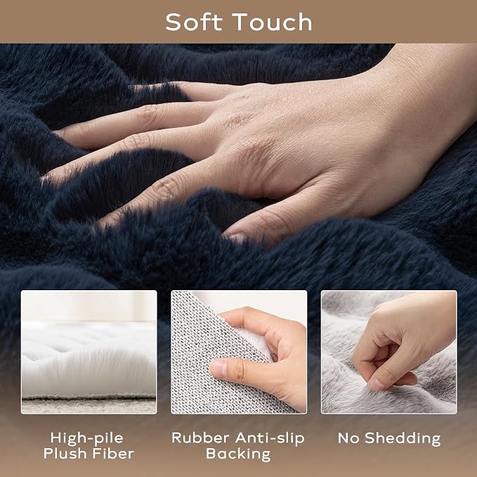 Ashler Faux Rabbit Fur Rug, Dark Blue 5x7 FT Fluffy Soft Area Rugs, Rectangle Fuzzy Carpet for Living Room, Bedroom, Machine Washable - 3D Bubble Rug