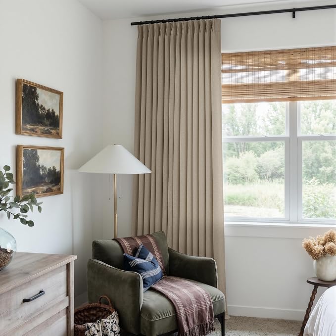 Pinch Pleat Dark Flax Curtains 86 Inch Long for Living Room Patio Sliding Door Thick Linen Pleated Drape Back Tab Hooks Rings Semi Sheer Light Filtering Brown Curtains for Ceiling Floor Bedroom