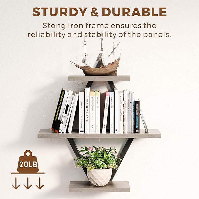 Floating Shelves, Wall Shelf Set of 2, Wall Mounted Shelves, 3-Tier Hanging Wall Shelves for Bathroom, Living Room, Bedroom, Kitchen, Office (Gray)