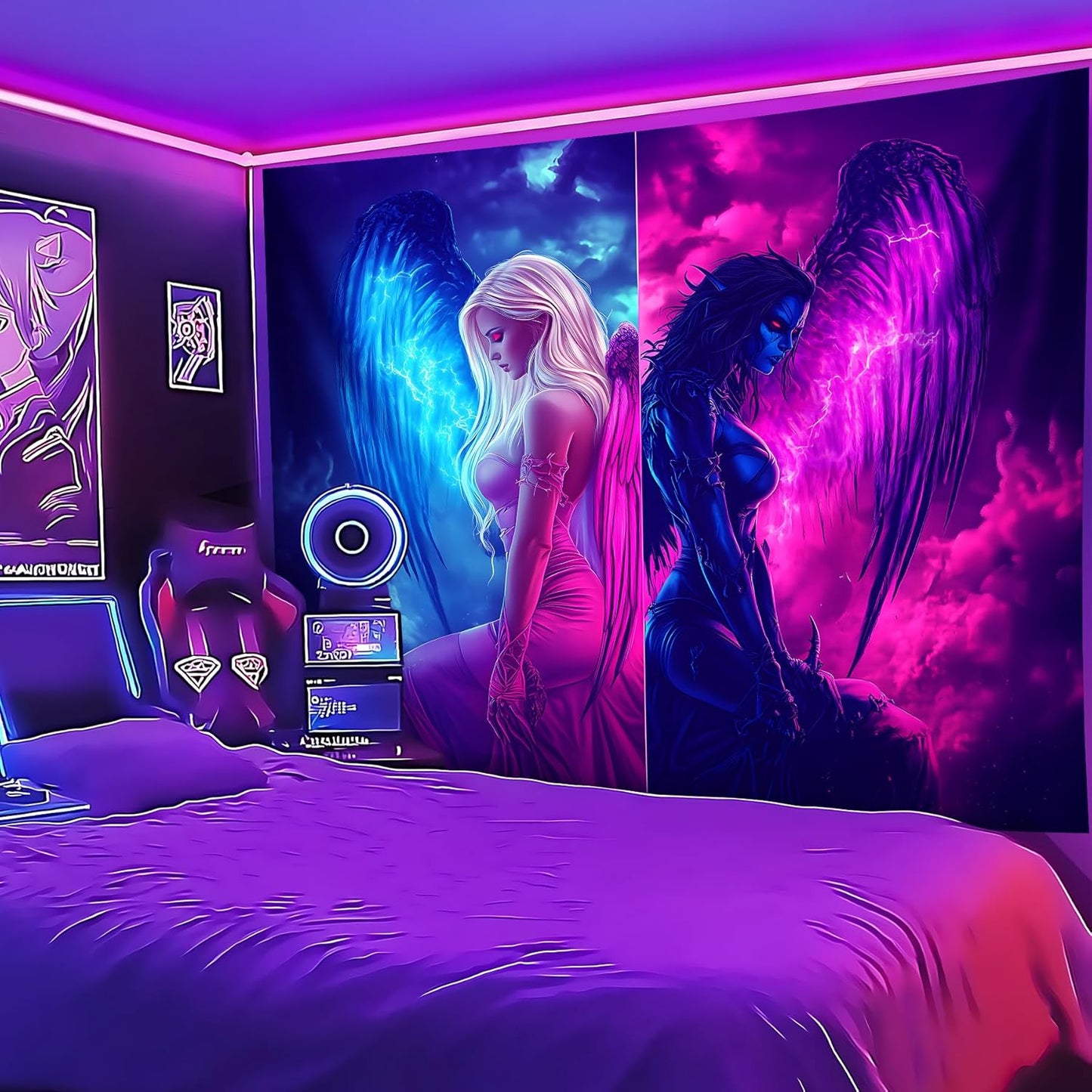 Blacklight Tapestry,WingTapestry Glow In The Dark,UV Reactive Black Light Upright Posters Wall Hanging for Bedroom Dorm Living Room Backdrop Decor (wing7, 90L" x 70W")