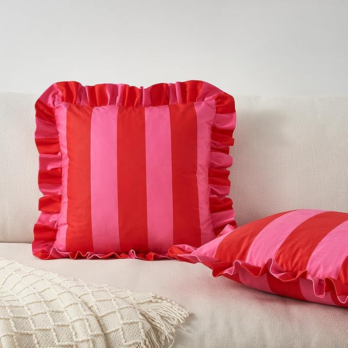 MONDAY MOOSE Decorative Throw Pillow Covers, Set of 2 Water-Resistant Striped Design with Ruffle Edge for Outdoor/Indoor Use, Pillow Inserts Not Included (20x20 inch, Hot Pink/Red)