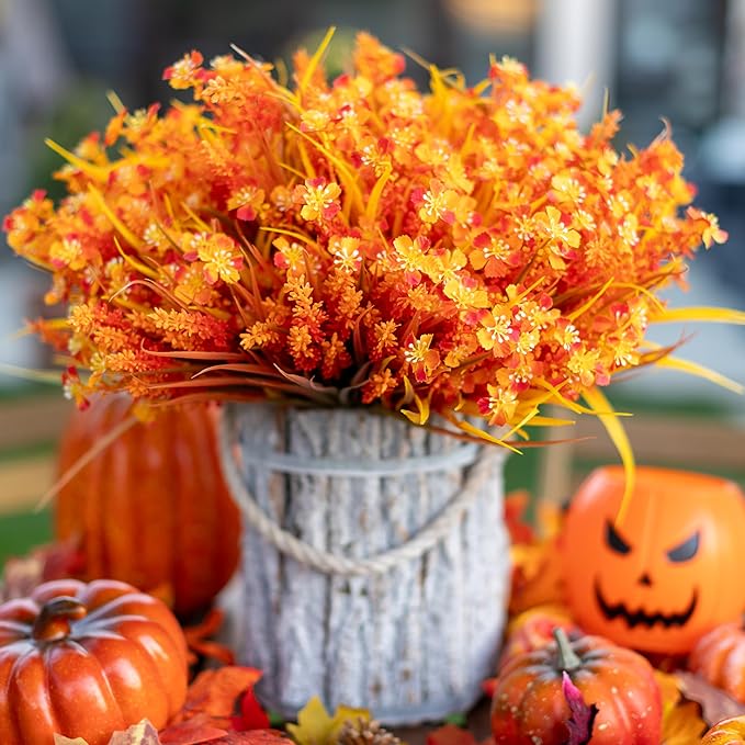 AXYLEX Artificial Fall Flowers Outdoor Fake Mums - 16 Bundles Fake Plants UV Resistant No Fade Faux Plastic Greenery Garden Porch Patio Fall Home Decor (1, OrangeYellow)