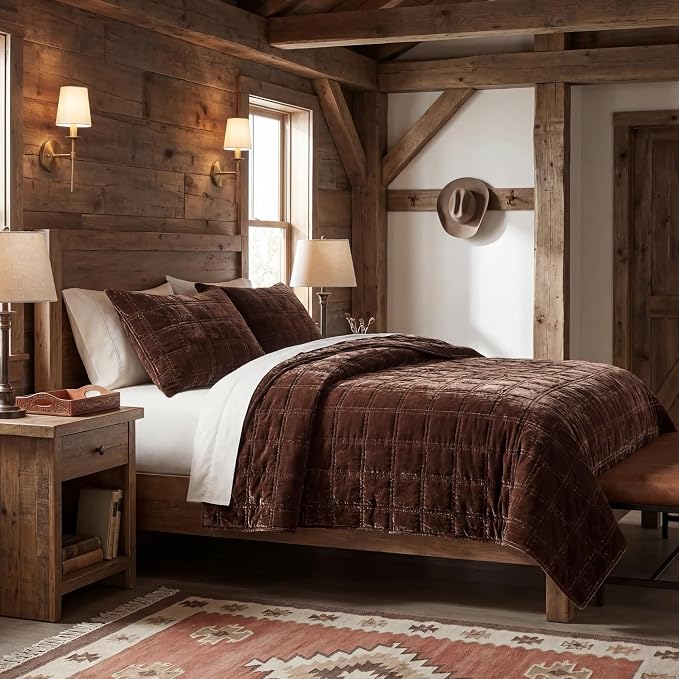 HiEnd Accent Stella Faux Silk Velvet Double Box Stitch 3 Piece Quilt Set, King Size, Copper Brown Solid Color, Classic Chic Modern Rustic Elegant Bedding Set, Lightweight Bed Set