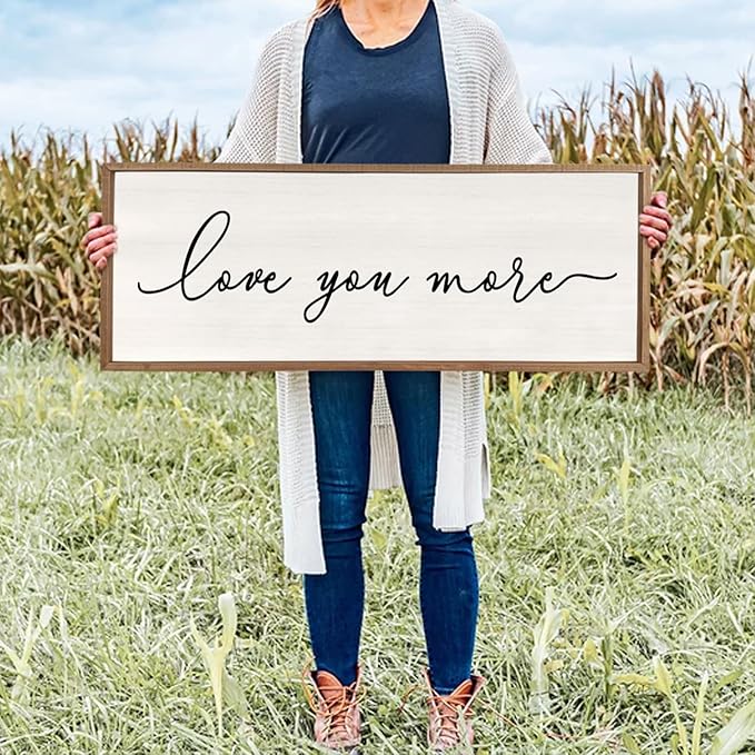 Love You More Sign Wall Decor 40''×15'' Large Vintage Framed Wood Modern Farmhouse Wall Decor for Master Bedroom Above Over Bed Minimalist Wall Art Hanging (Wood White)