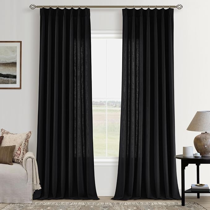 Black Pinch Pleat Semi Sheer Linen Curtains 102 Inch Long for Living Room | Light-Filtering Privacy, Bedroom Sliding Door, Faux Linen Textured, Pinch Pleated Hook Rings Memory Shape, Luxury Elegant
