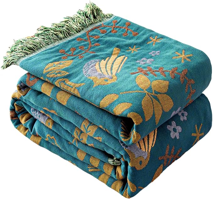 MSGKV Boho Throw Blanket 100% Cotton Blankets for Bed Couch 60"x80", Summer Breathable Farmhouse Bird Blankets Quilt Muslin Home Decor