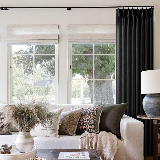 Black Linen Pinch Pleated Curtains 108 Inches Long for Living Room Pleated Drapes Hooks Back Tab Thick Linen Textured Boho Farmhouse Country Extra Long 108 Inch Curtain for Dining Bedroom 1 Panel
