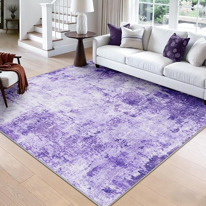 RELEANY Washable Area Rugs Square 8ft Non-Slip Modern Abstract Soft for Living Room Entryway Bedroom Nursery, Print Pattern, Purple Gray Pink White