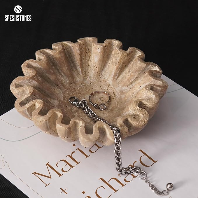 Marble Small Decorative Bowl 6 Inch Handmade Travertine Ruffle Bowl, Small Bowls for Tables Centerpieces & Gifts, Fluted Ring Dish, Fruit & Key Bowl for Entry Table, Scalloped Bowl