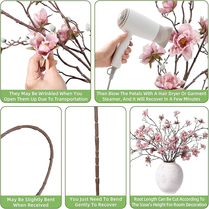 HyeFlora 3PCS Artificial Magnolia Flowers Stems for Spring Decoration, Faux Pink Magnolia Branches with Buds, 34.5" Long Stems Floral Arrangement for Vase Pot Table Centerpiece Indoor Decor