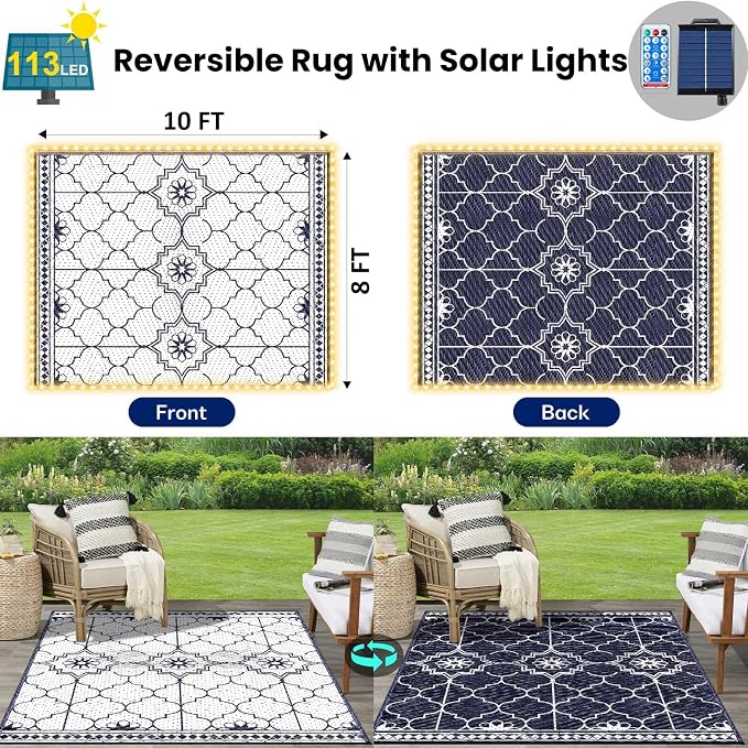 Lighted Outdoor Rug 8x10 ft, Solar Powered Patio Rug with 113 LED Lights, Waterproof Plastic Reversible Outdoor Straw Rugs, Rugs Mat for House Deck RV Camping Patio Beach Balcony Picnic (Blue White)