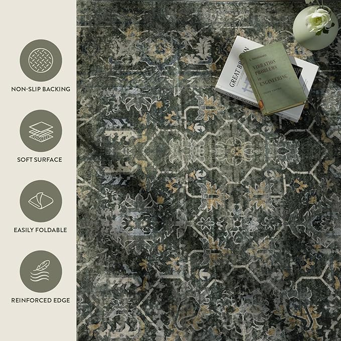 Lahome Margot Boho Green 8x10 Area Rugs Living Room Rugs,Washable Bedroom Rug 8x10 Under Bed,Distressed Soft Non Slip Low Pile Indoor Dining Room Rug for Home Office Playroom(8'x10',Green)