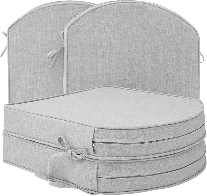 Outdoor Chair Cushions, Fade-Resistant & Water-Resistant, D Shaped Patio Furniture Seat Chair Pads Replacement with Ties, Non-Slip Bottom, Removable Cover, Set of 4, 19 x 19 Inch, Light Grey