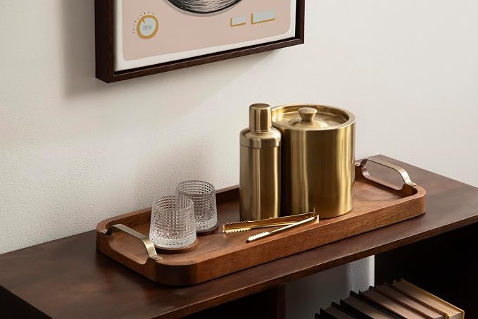 Kate and Laurel Farson Modern Decorative Wood Rectangle Tray with Handles; 10 x 24; Walnut Brown and Antique Brass; Transitional Rectangular Tray for Use as Entryway Tray Decor or Ottoman Serving Tray