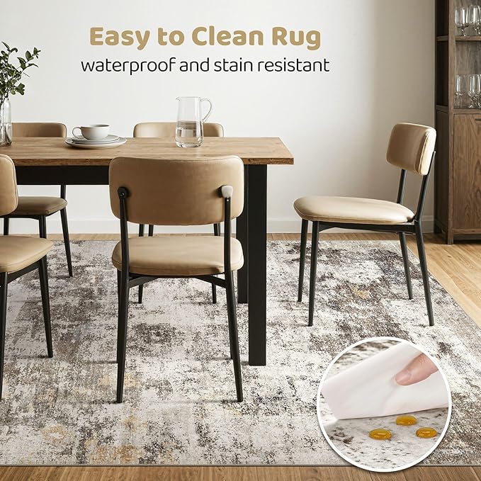 10x14 Area Rugs Living Room: Washable Large Abstract Neutral Modern Soft Rug Stain Resistant Indoor Floor Non-Slip Accent Carpet for Bedroom Nursery Playroom Dining Room Office Dorm Home- Brown Yellow