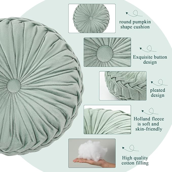 Drydiet 3 Pcs Round Throw Velvet Pillows Decorative Pleated Throw Pillows Diameter Accent Pumpkin Boho Chair Cushion for Couch Sofa Home Decoration (White,Light Green,Green,15'')