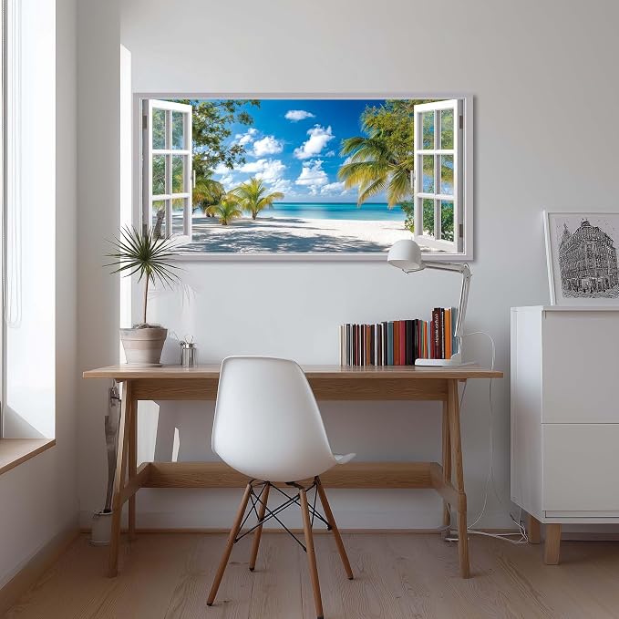 Ggaafet Tropical Beach Window Wall Art for Bedroom Canvas Painting Prints Beautiful Palm Tree Art Deco Modern Artwork Office Family Room Decor