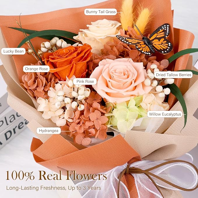 Preserved Flowers Bouquet with Butterfly - 3 Roses & Flowers for Delivery, Long-Lasting Real Roses Forever, Mothers Day Gifts for Mom Grandma Wife, Anniversary Birthday Gifts for Women