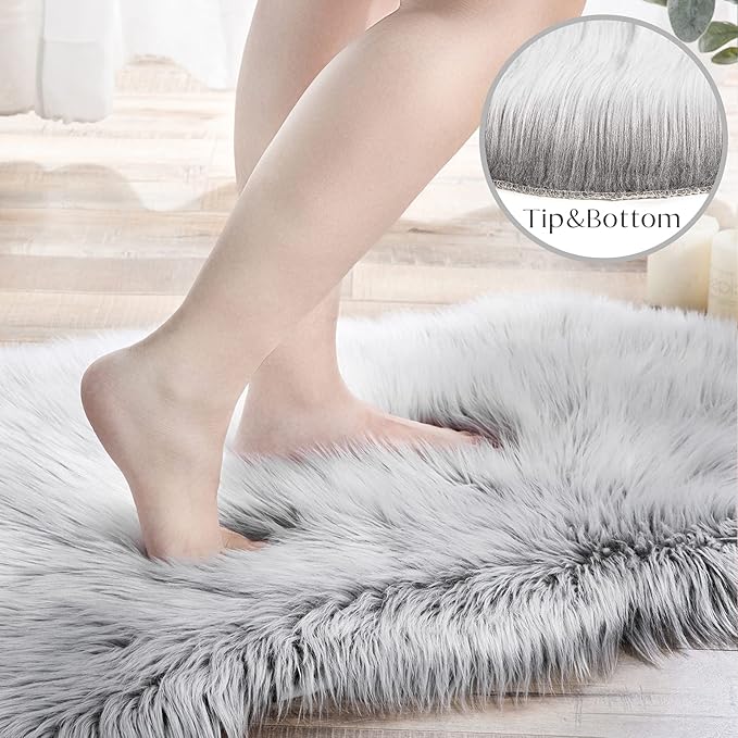 Ashler Faux Fur Rug, Fluffy Shaggy Ultra Soft 2 x 3 Feet Sheepskin Fur Rug, Frosted Bottom Gray Fuzzy Machine Washable Shag, Nursery Decor Throw Rugs for Bedroom, Living Room