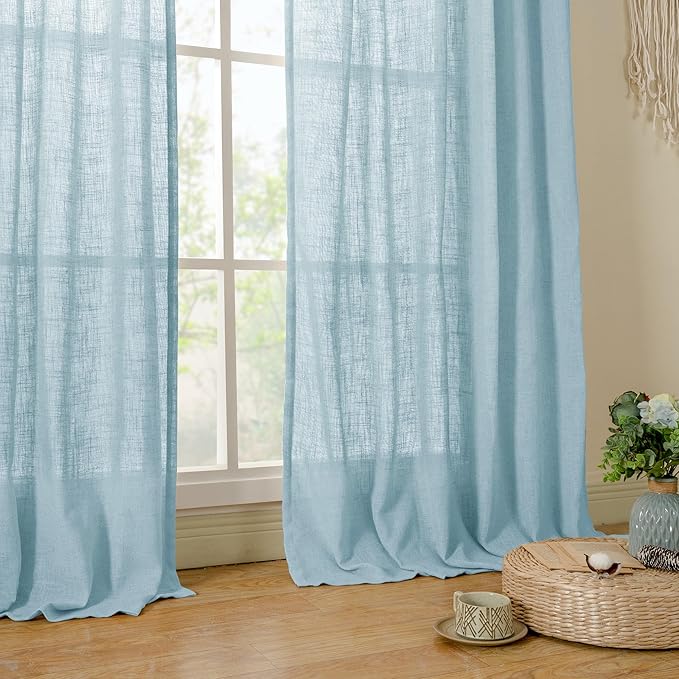 LAMIT 36 Inch Length Linen Curtains for Small Windows, Semi Sheer Light Filtering Panels Back Tab and Rod Pocket Country Decor Drapes for Basement/Kitchen, Stone Blue, 2 Panels, 34 x 36 Inch