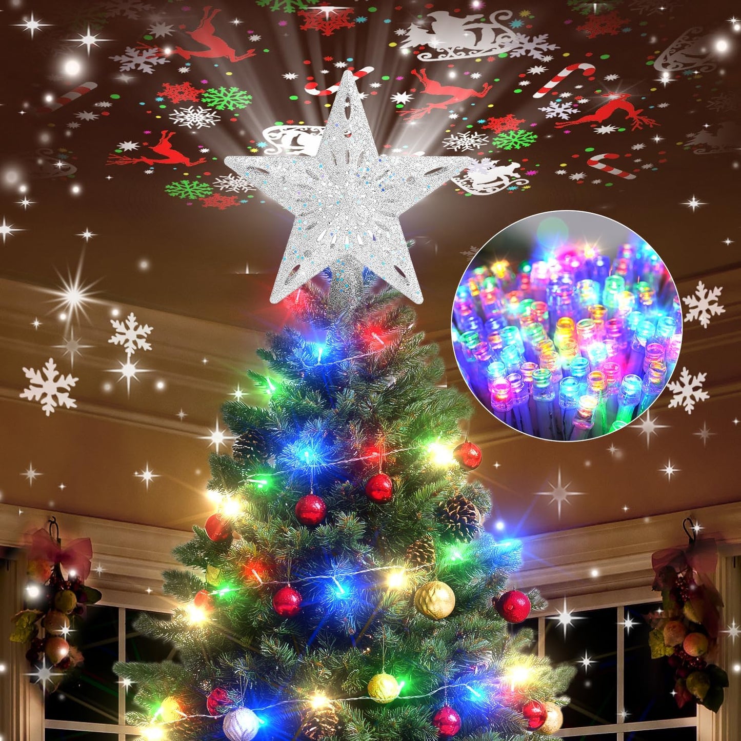 Kesfitt Christmas Tree Topper with 10M Colorful Light Cord, Tree Top Star Decoration with 6 Projection Modes, Silver Tree Topper Lighted 3D Glitter Dynamic Projection for Xmas Party Holiday