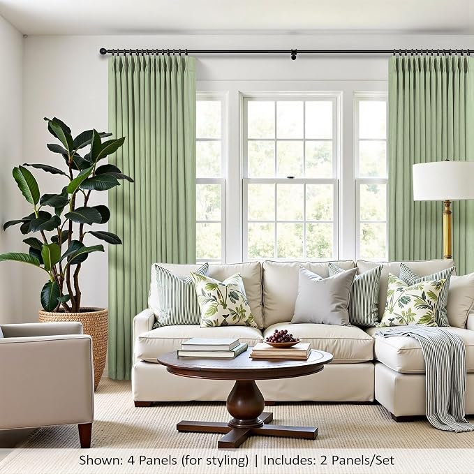Sage Green Pinch Pleated Curtains 96 Inches Long for Living Room Bedroom 2 Panels Linen Textured Modern Aesthetic Academia Light Filtering Sheer Pleat Drape Hooks Rings for Bedroom Window 40x96 Length