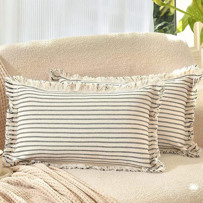 ZWJD Throw Pillow Covers 12x20 Set of 2 Striped Pillow Covers with Fringe Chic Cotton Decorative Pillows Square Cushion Covers for Sofa Couch Bed Living Room Farmhouse Decor, (Black)