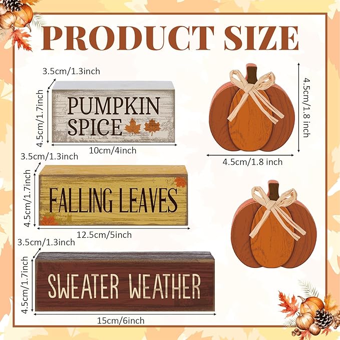 Lineshading 4 Pcs Thanksgiving Pumpkin Decor Fall Table Decoration Fall Tiered Tray Decor Thanksgiving Centerpiece Rustic Decorative Pumpkin Block Sign Gift Farmhouse Autumn Table Sign for Home