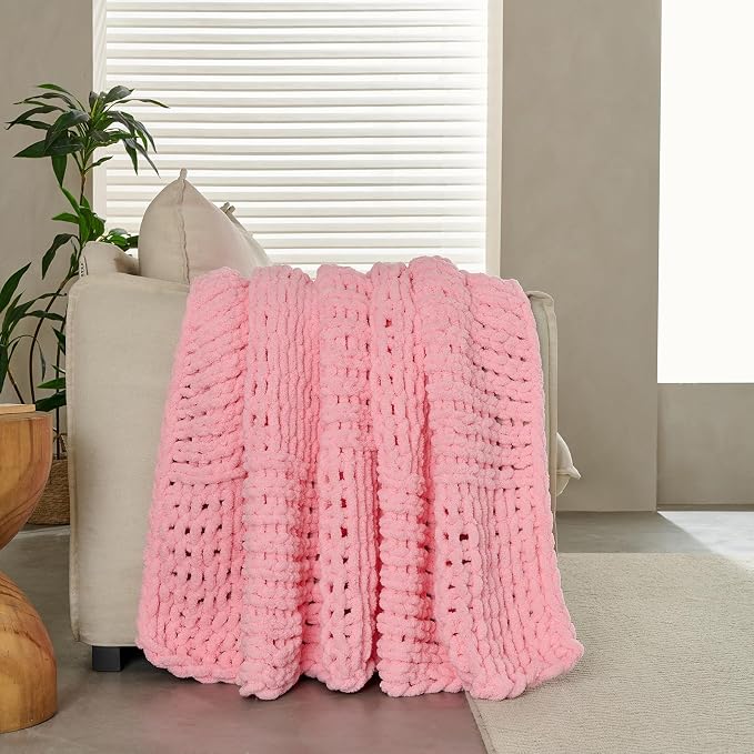 Chunky Knit Blanket Throw 50x60 Inches,Handmade Cable Knit Crochet Blanket,Cozy Lightweight All Season,Wrinkle-Resistant Polyester for Couch Bed Sofa Reading Nook, Beige,Pink