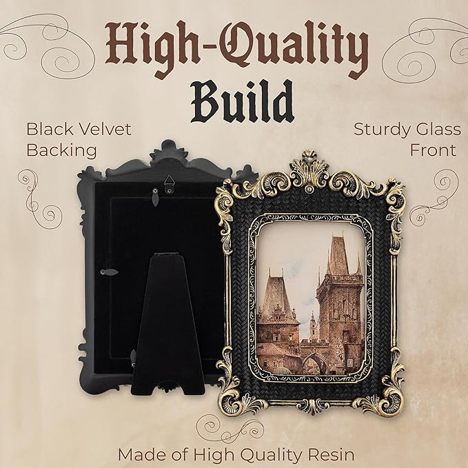 5x7 Picture Frame - Gothic Vintage European Design, Antique Baroque Style Photo Frame for Wall Hanging, Tabletop Display, and Home Decor (Black)