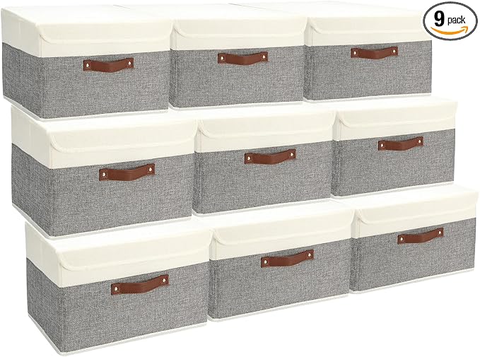 9 Pack Decorative Storage Bins Containers & Fabric Bins with Lids Storage Baskets for Shelves Drawers, Desktop, Closet, Playroom, Classroom, Office, Bedroom, Home, Garage (white/grey, 14.9X10X10)