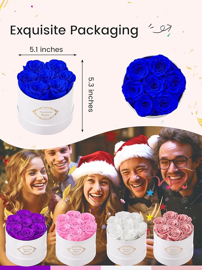 Beaulasting Long Lasting Preserved Roses in a Box Last a Year Forever Flowers for Her Mom Wife Anniversary Birthday (Round White Box, Royal Blue)