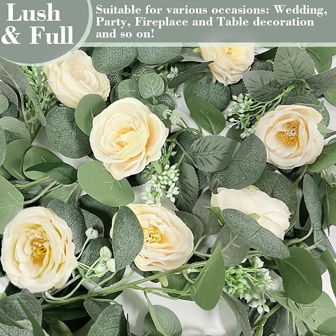 2 Pack 13FT Spring Artificial Eucalyptus Flower Garland with Champagne Roses, Fake Flower Greenery Floral Vines Green Garland for Wedding Arch Table Runner Backdrop Mantle Home Decorations (Champagne)