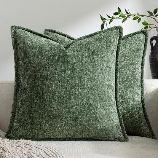 DEZENE Pack of 2 Forest Green Christmas Euro Shams Pillow Covers 26x26 Cozy Soft Chenille Decorative Throw Pillow Covers Accent Vintage Square Couch Pillow Covers for Home Decor Bed Sofa Living Room