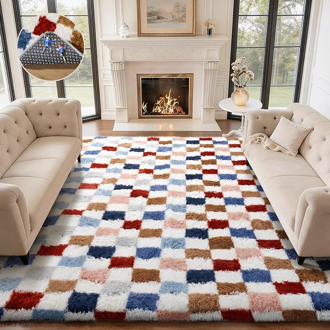Ophanie Checkered Rainbow Rug for Living Room Bedroom,Colorful Fluffy Soft Cute Fuzzy Area Rugs,Shag Plush Shaggy Bedside Floor 8x10 Furry Carpet for Kids Teen Dorm Decor with Over 99 pcs Pile fibers
