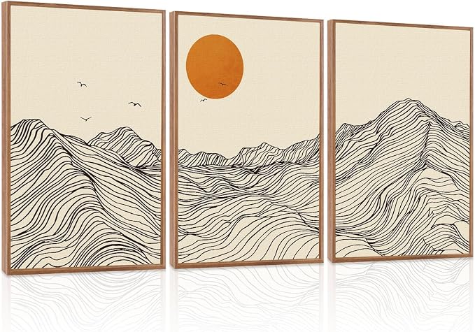 LHIUEM Abstract Wave Line Mountain Framed Canvas Wall Art,Boho Sun Wall Decor,Minimalist Beige Artwork for Living Room,Bedroom,Dining Room,Office -24"x36"x3