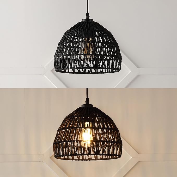 JONATHAN Y 10.25" Black Modern Bohemian Woven Rope LED Pendant Light Fixture, Adjustable Dome Ceiling Lamp for Kitchen Island, Rope Shade, Coastal Farmhouse Decor (JYL6513B)