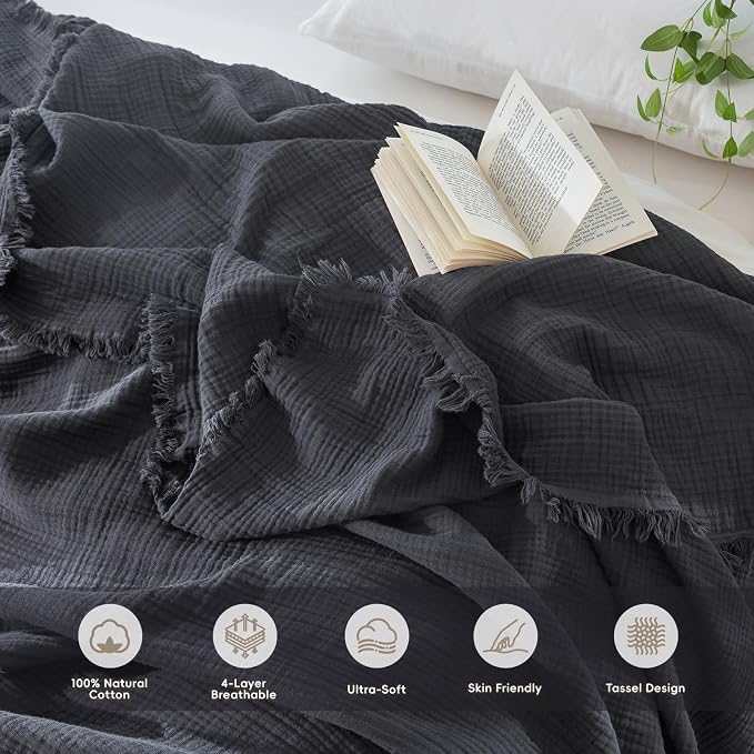 MooMee Muslin Blanket - 100% Cotton 4-Layer Gauze Throw Blanket with All-Around Fringe, Soft Breathable Lightweight Cooling Summer Blankets for Bed Couch (Dark Grey,Throw XL 50" x 70")