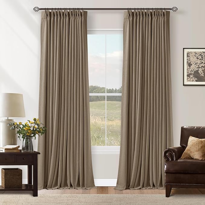 Latte Burlap Room Darkening Curtains 120 Inches Long for Bedroom Extra Long Rustic Boho Pinch Pleated Blackout Linen Drapes 40x120 Inch Length 2 Panels Set Sliding Door Curtain Decor with Liner