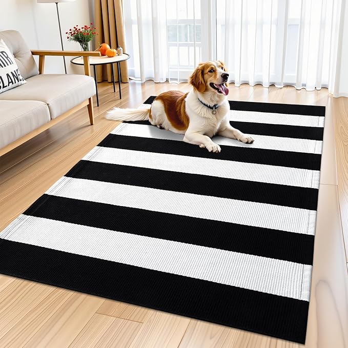 OLANLY Black and White Striped Rug 5' x 7' – Washable Cotton Indoor Outdoor Doormat for Front Door, Entryway, Kitchen, Porch, Patio Decor