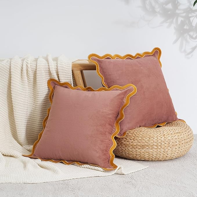 MONDAY MOOSE Decorative Throw Pillow Covers Cushion Cases, Set of 2 Soft Velvet Scalloped Wavy Edge Designs, Mix and Match for Home Decor, Pillow Inserts Not Included (18x18 inch, Pink/Honey)