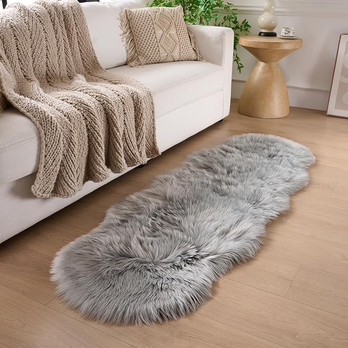 Faux Fur Sheepskin Runner Rug Gery 2x6 ft Ultra Soft Shaggy Plush Fluffy Fuzzy Area Carpet Decorative Chair Cover Floor Mat for Bedroom Sofa Living Room Bedside