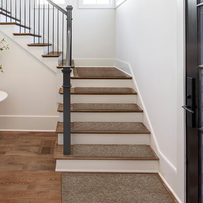 PURE ERA Carpet Stair Treads Tape Free Non Slip Indoor Stair Carpet Stair Protectors Pet-Friendly Non-Slip Skid Resistant Washable Reusable 8" x 30"(7 Pieces,Brown)
