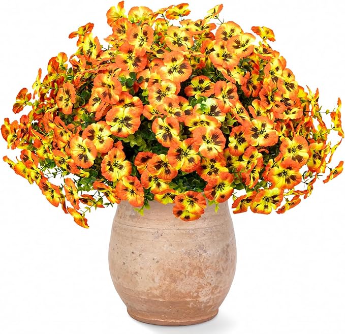 24 Pcs Artificial Fake Pansy Flowers for Outdoor,Faux Silk Plants Flowers UV Resistant Pansies Spring Flowers for Planter Front Door Porch Yard Patio garden Window Box Home Decor(Orange Yellow)