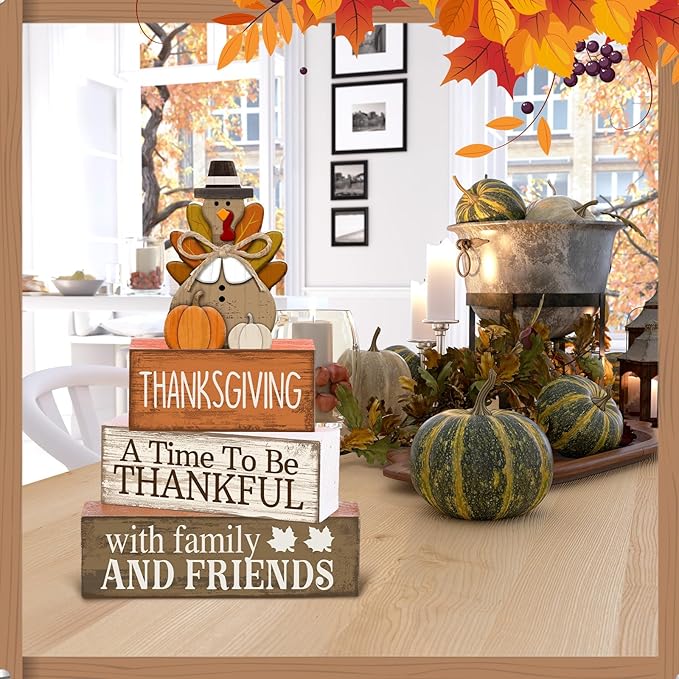 Lineshading 4 Pcs Thanksgiving Decoration for Home Wooden Turkey Decor Thanksgiving Table Centerpiece Fall Tiered Tray Decor Rustic Decorative Turkey Block Signs Gift for Home Kitchen Shelf