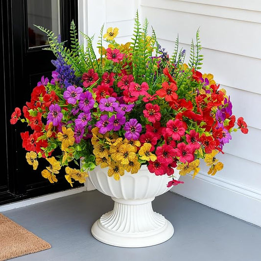 Artificial Fake Flowers for Outdoor UV Resistant,16 Bundles Silk Outside Plants Decoration for Hanging Planters, Daisy Eucalyptus Faux Flower Spring Summer Garden Yard Patio Balcony Home