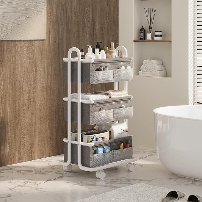 3-Tier Baby Diaper Caddy Organizer Cart, Mobile Nursery Storage Carts with Wheels, 3 Dividers & 6 Mesh Pockets Durable Metal Utility Cart for Nursery, Bedroom, Bathroom, Baby Essentials Organization