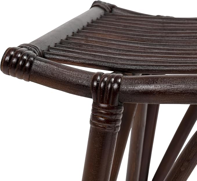 JONATHAN Y Gabriel 18" Handcrafted Rattan and Teak Wood Vanity Stool, Bohemian Backless Accent Ottoman Footstool, Dark Brown STL3005B