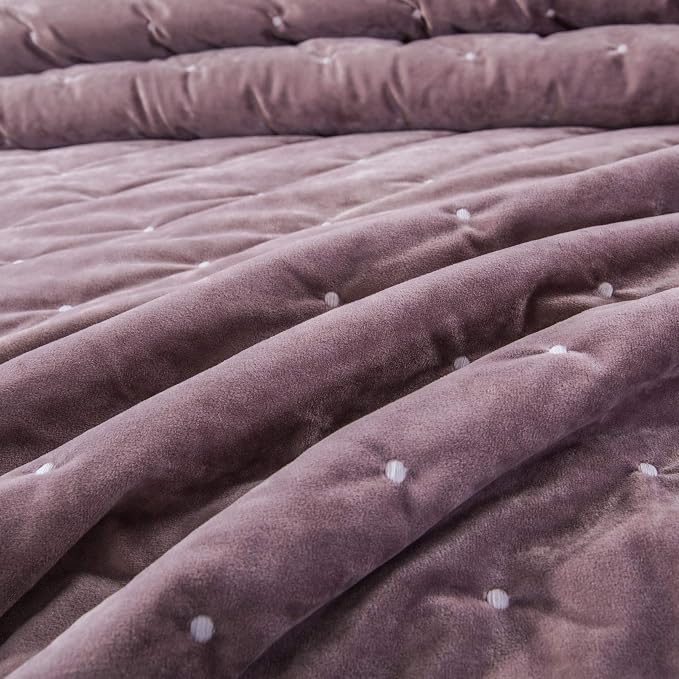Tache Velvet Quilt Set Queen Size Luxurious Velveteen Velour Super Soft Plush Warm Cozy Diamond Tufted Polka Dot Quilted Coverlet Light Purple Mauve Bedspread Set, Queen