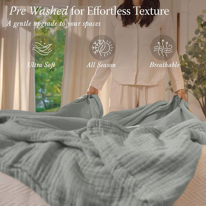 Threadmill Summer Muslin King Blanket | Lightweight Blanket for Bed or Couch| 4 Layer 100% Cotton Gauze | Pre Washed, Soft, Breathable, and Cozy for All Seasons |Fits Cal King Size Bed | Scottish Grey